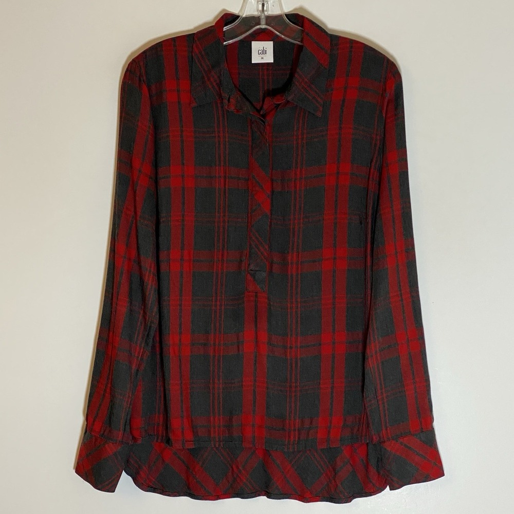 Cabi Top Womens Medium Red Black Plaid 1/2 Button Up Blouse Hi Low Festive Boho
